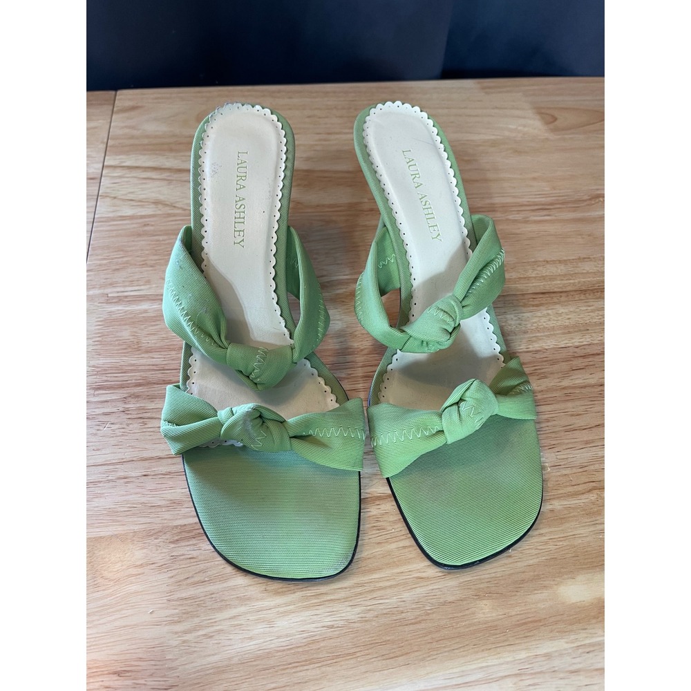 Laura Ashley Dalia Lime Green Fabric Knot Square Toe Kitten Heel Mules 10M